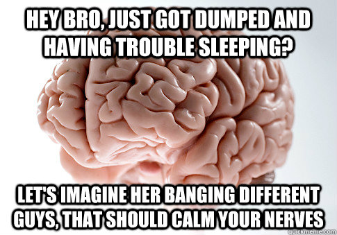 Hey Bro, just got dumped and having trouble sleeping? let's imagine her banging different guys, that should calm your nerves  Scumbag Brain