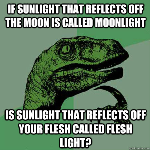 If sunlight that reflects off the moon is called moonlight Is sunlight that reflects off your flesh called flesh light?  Philosoraptor