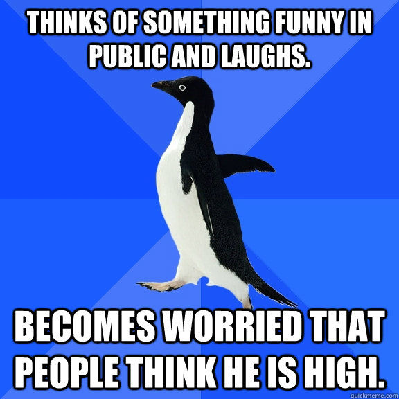 Thinks of something funny in public and laughs. becomes worried that people think he is high.  Socially Awkward Penguin