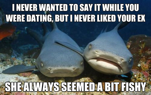 i never wanted to say it while you were dating, but i never liked your ex she always seemed a bit fishy  Compassionate Shark Friend
