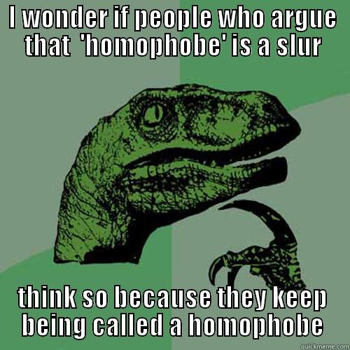 I WONDER IF PEOPLE WHO ARGUE THAT  'HOMOPHOBE' IS A SLUR THINK SO BECAUSE THEY KEEP BEING CALLED A HOMOPHOBE Philosoraptor