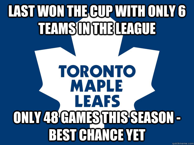 Last won the cup with only 6 teams in the league Only 48 games this season - best chance yet  Toronto Maple Leafs