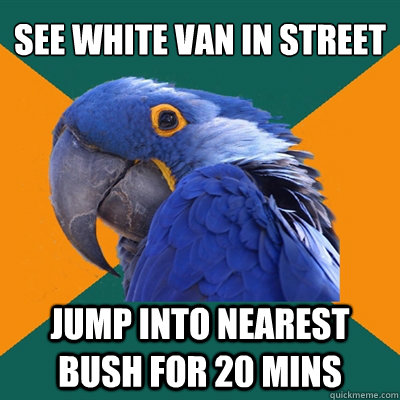 SEE WHITE VAN IN STREET JUMP INTO NEAREST BUSH FOR 20 MINS  Paranoid Parrot