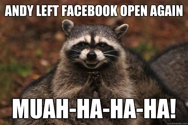 andy left facebook open again muah-ha-ha-ha!  Evil Plotting Raccoon