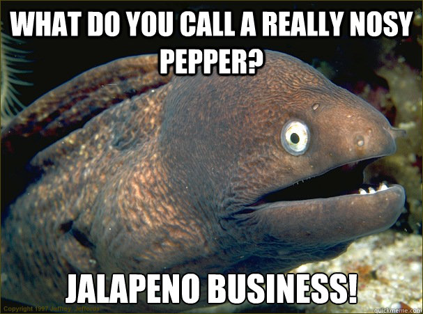 what do you call a really nosy pepper? Jalapeno business!  Bad Joke Eel