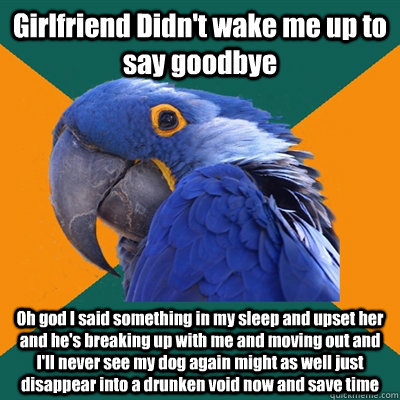 Girlfriend Didn't wake me up to say goodbye Oh god I said something in my sleep and upset her and he's breaking up with me and moving out and I'll never see my dog again might as well just disappear into a drunken void now and save time  Paranoid Parrot