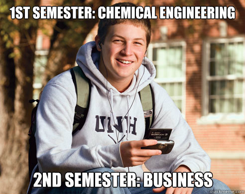 1st Semester: Chemical engineering 2nd semester: business  College Freshman