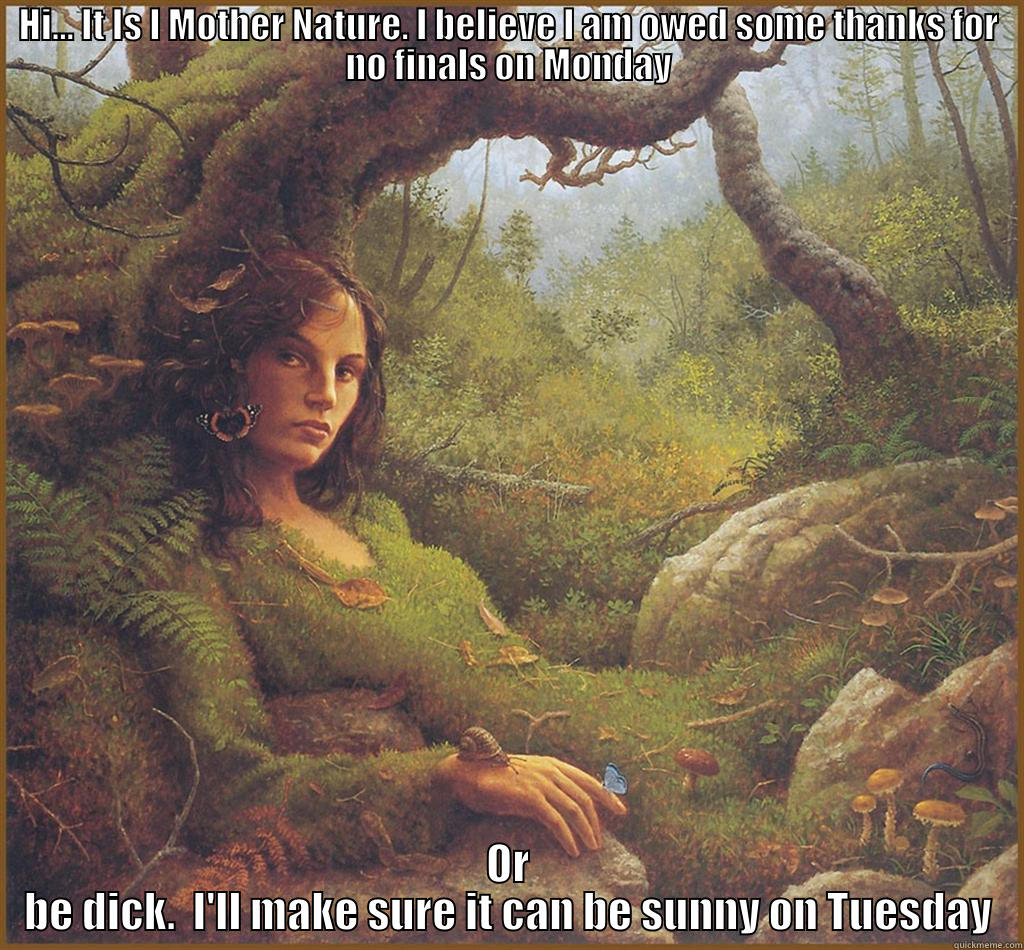 HI... IT IS I MOTHER NATURE. I BELIEVE I AM OWED SOME THANKS FOR NO FINALS ON MONDAY OR BE DICK.  I'LL MAKE SURE IT CAN BE SUNNY ON TUESDAY Misc