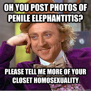 oh you post photos of penile elephantitis? PLEASE TELL ME MORE OF YOUR closet homosexuality  Condescending Wonka
