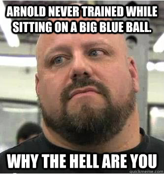 Arnold never trained while sitting on a big blue ball.  why the hell are you - Arnold never trained while sitting on a big blue ball.  why the hell are you  True Body Builder