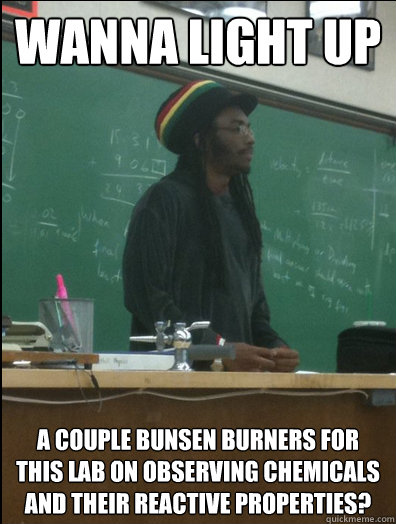 Wanna light up A couple bunsen burners for this lab on observing chemicals and their reactive properties?  Rasta Science Teacher