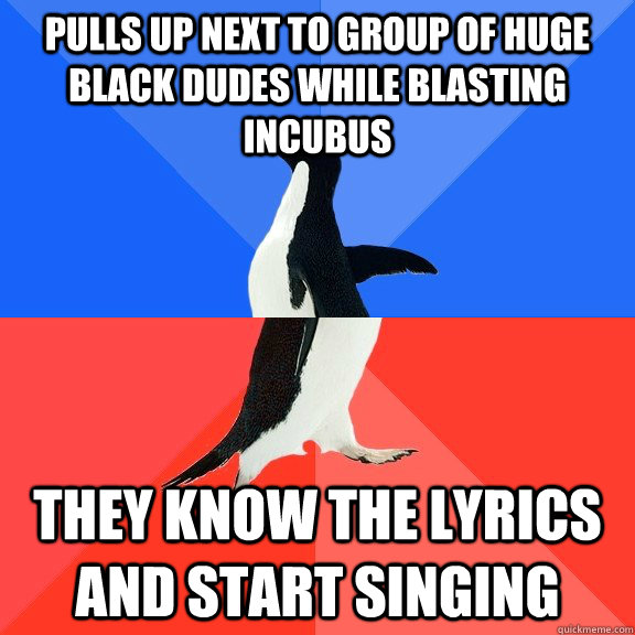 Pulls up next to group of huge black dudes while blasting incubus They know the lyrics and start singing  Socially Awkward Awesome Penguin