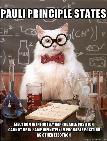 Pauli principle states electron in infinitely improbable position
 cannot be in same infinitely Improbable position 
as other electron  Chemistry Cat