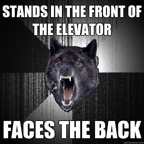 stands in the front of the elevator faces the back  Insanity Wolf