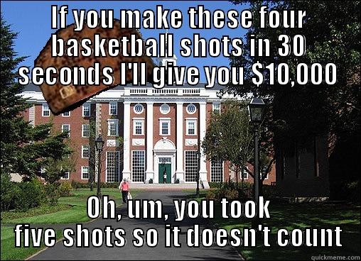 University student win - IF YOU MAKE THESE FOUR BASKETBALL SHOTS IN 30 SECONDS I'LL GIVE YOU $10,000 OH, UM, YOU TOOK FIVE SHOTS SO IT DOESN'T COUNT Scumbag University