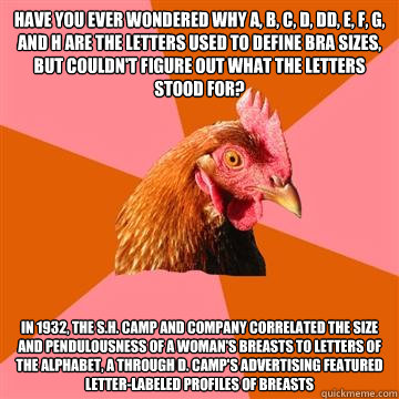 Have you ever wondered why A, B, C, D, DD, E, F, G, and H are the Letters used to define bra sizes, but couldn't figure out what the letters stood for? In 1932, the S.H. Camp and Company correlated the size and pendulousness of a woman's breasts to letter - Have you ever wondered why A, B, C, D, DD, E, F, G, and H are the Letters used to define bra sizes, but couldn't figure out what the letters stood for? In 1932, the S.H. Camp and Company correlated the size and pendulousness of a woman's breasts to letter  Anti-Joke Chicken