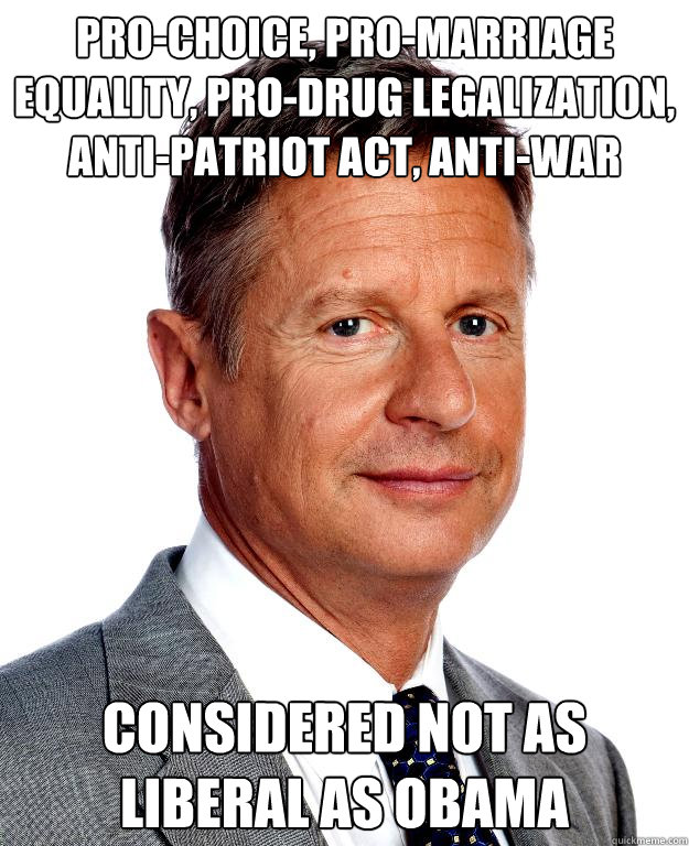 Pro-choice, pro-marriage equality, pro-drug legalization, anti-Patriot act, anti-war Considered not as liberal as obama  Gary Johnson for president