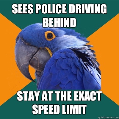 Sees police driving behind Stay at the exact speed limit  Paranoid Parrot