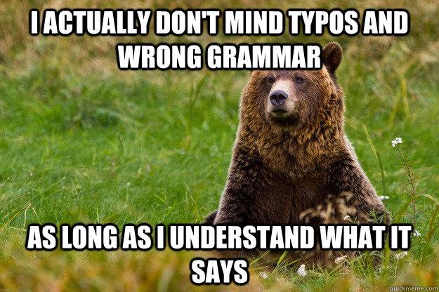 I actually don't mind typos and wrong grammar as long as I understand what it says  Blatant Statement Bear