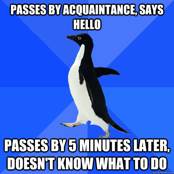 passes by acquaintance, says hello passes by 5 minutes later, doesn't know what to do  Socially Awkward Penguin