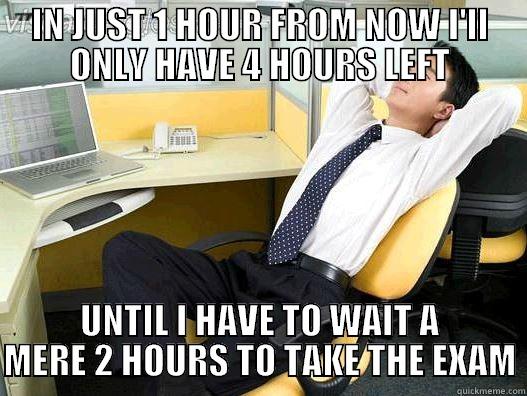 IN JUST 1 HOUR FROM NOW I'LL ONLY HAVE 4 HOURS LEFT UNTIL I HAVE TO WAIT A MERE 2 HOURS TO TAKE THE EXAM My daily office thought