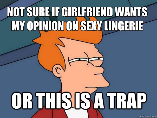 Not sure if girlfriend wants my opinion on sexy lingerie Or this is a trap  Futurama Fry
