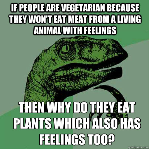 If people are vegetarian because they won't eat meat from a living animal with feelings then why do they eat plants which also has feelings too? - If people are vegetarian because they won't eat meat from a living animal with feelings then why do they eat plants which also has feelings too?  Misc
