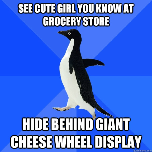 See cute girl you know at grocery store Hide behind giant cheese wheel display  Socially Awkward Penguin