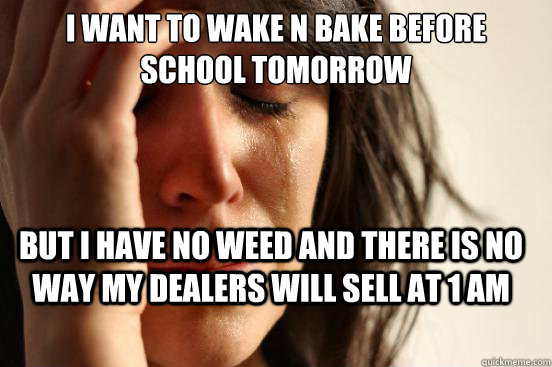 I want to wake n bake before school tomorrow but I have no weed and there is no way my dealers will sell at 1 am  First World Problems