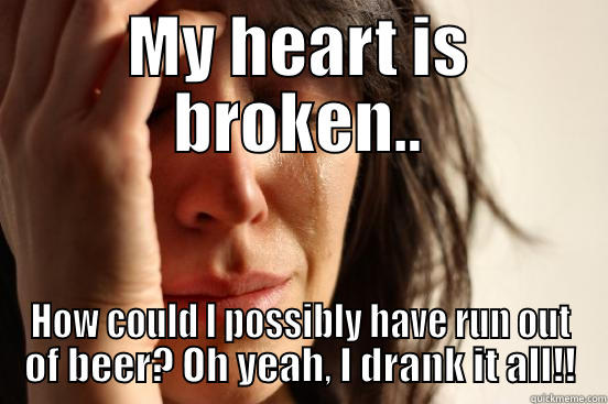 MY HEART IS BROKEN.. HOW COULD I POSSIBLY HAVE RUN OUT OF BEER? OH YEAH, I DRANK IT ALL!! First World Problems