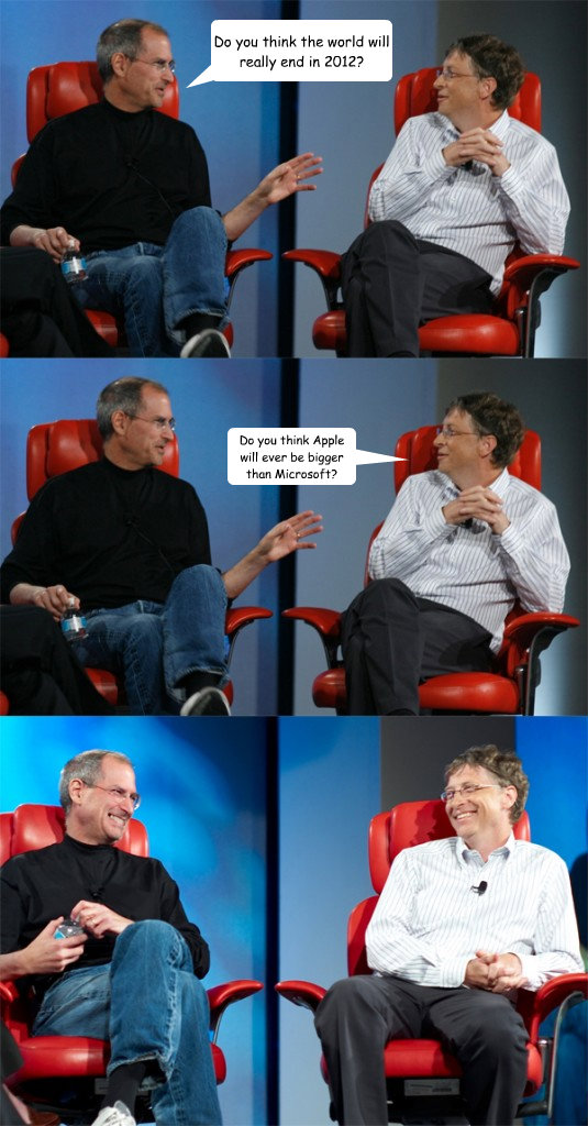 Do you think the world will really end in 2012? Do you think Apple will ever be bigger than Microsoft? - Do you think the world will really end in 2012? Do you think Apple will ever be bigger than Microsoft?  Steve Jobs vs Bill Gates