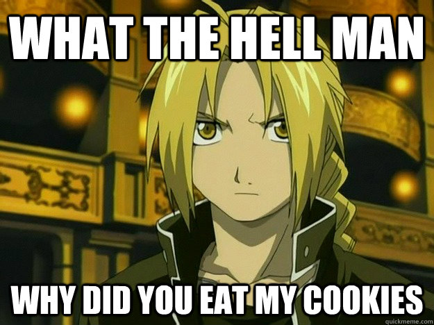 WHAT THE HELL MAN WHY DID YOU EAT MY COOKIES - WHAT THE HELL MAN WHY DID YOU EAT MY COOKIES  Edward Elric
