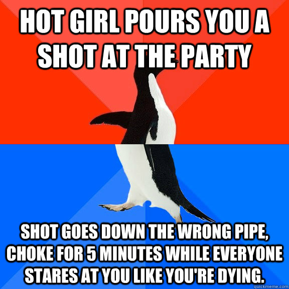 Hot girl pours you a shot at the party shot goes down the wrong pipe, choke for 5 minutes while everyone stares at you like you're dying.  Socially Awesome Awkward Penguin