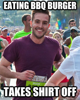 Eating BBQ Burger Takes Shirt Off  Ridiculously photogenic guy