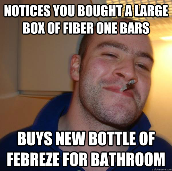 notices you bought a large box of fiber one bars buys new bottle of febreze for bathroom - notices you bought a large box of fiber one bars buys new bottle of febreze for bathroom  Misc
