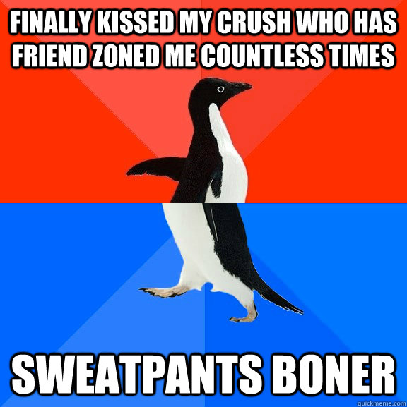 finally kissed my crush who has friend zoned me countless times  sweatpants boner  Socially Awesome Awkward Penguin