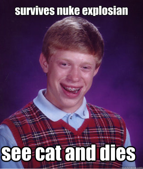 survives nuke explosian see cat and dies  Bad Luck Brian