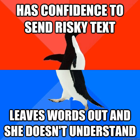 Has confidence to send risky text Leaves words out and she doesn't understand  Socially Awesome Awkward Penguin