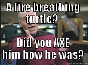A FIRE BREATHING TURTLE?  DID YOU AXE HIM HOW HE WAS? Annoyed Picard