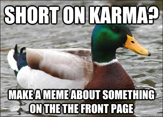 Short on karma?  Make a meme about something on the the front page  Actual Advice Mallard