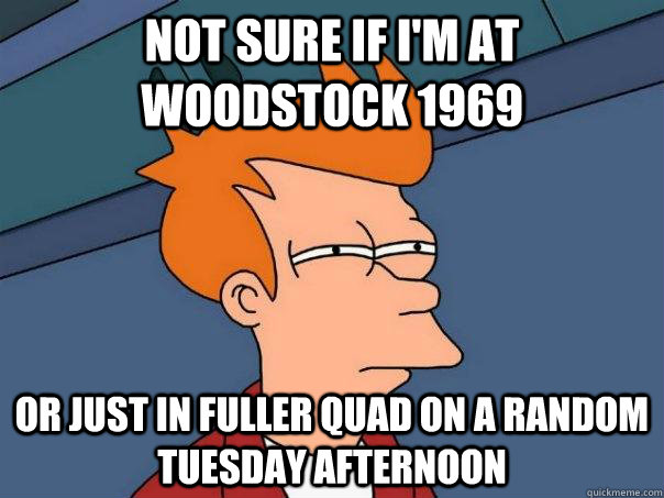 Not sure if I'm at woodstock 1969 Or Just in Fuller quad on a random tuesday afternoon  Futurama Fry
