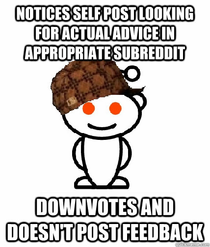 Notices self post looking for actual advice in appropriate subreddit Downvotes and doesn't post feedback  Scumbag Redditor