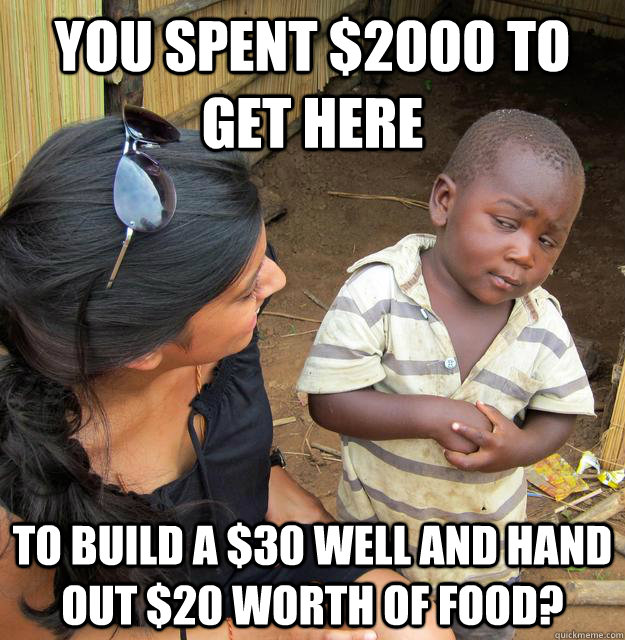 You spent $2000 to get here to build a $30 well and hand out $20 worth of food?  Skeptical 3rd World Child