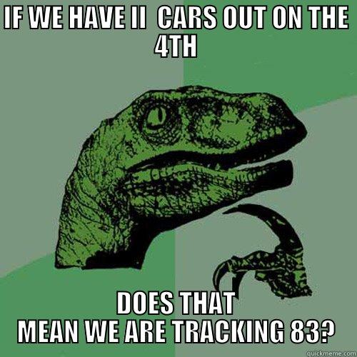 IF WE HAVE II  CARS OUT ON THE 4TH DOES THAT MEAN WE ARE TRACKING 83? Philosoraptor