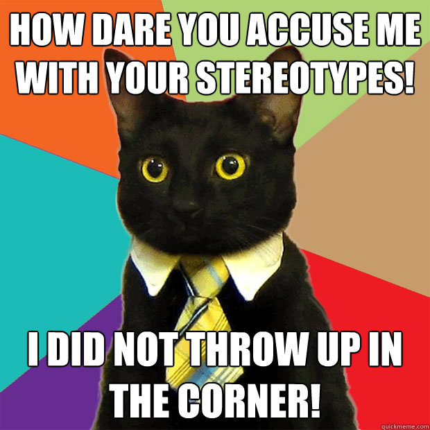 How dare you accuse me with your stereotypes! I did not throw up in the corner!  Business Cat