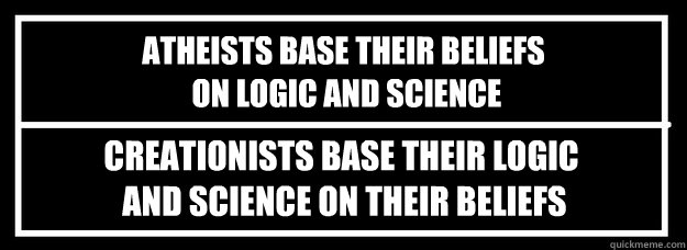 Atheists base their beliefs
 on logic and science Creationists base their logic
 and science on their beliefs - Atheists base their beliefs
 on logic and science Creationists base their logic
 and science on their beliefs  Misc