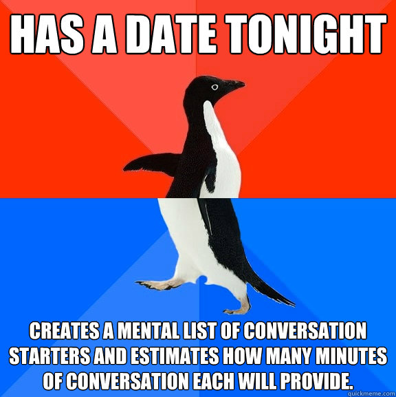 Has a date tonight Creates a mental list of conversation starters and estimates how many minutes of conversation each will provide.  Socially Awesome Awkward Penguin