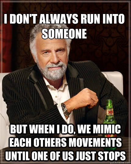 I don't always run into someone But when i do, we mimic each others movements until one of us just stops  The Most Interesting Man In The World