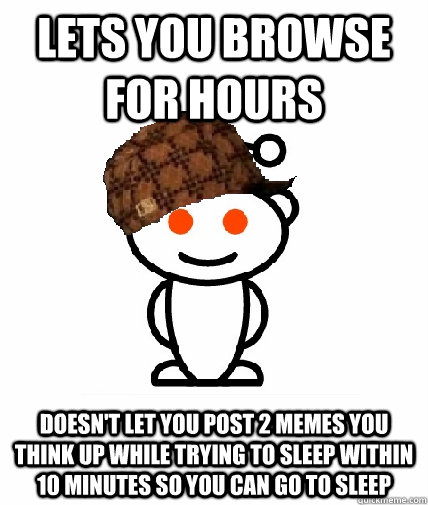 Lets you browse for hours doesn't let you post 2 memes you think up while trying to sleep within 10 minutes so you can go to sleep  Scumbag Reddit