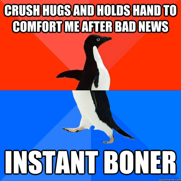 Crush hugs and holds hand to comfort me after bad news Instant Boner - Crush hugs and holds hand to comfort me after bad news Instant Boner  Socially Awesome Awkward Penguin